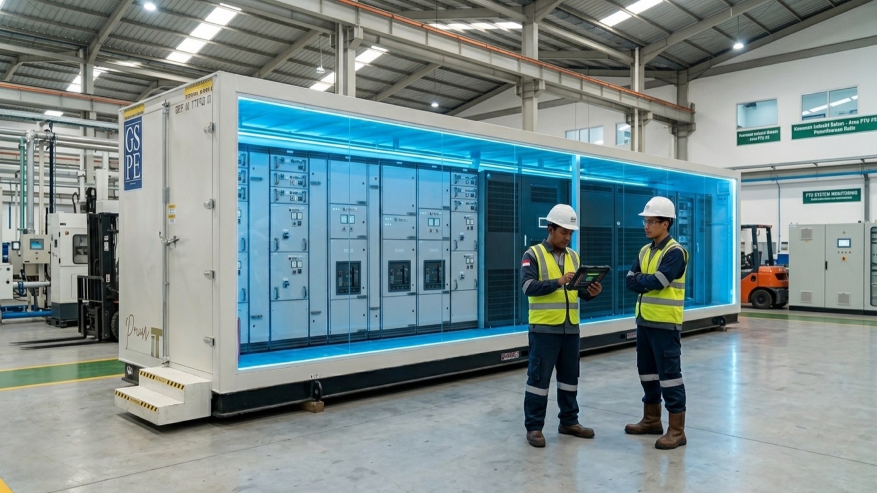 GSPE engineers with a containerized PTU on the factory floor