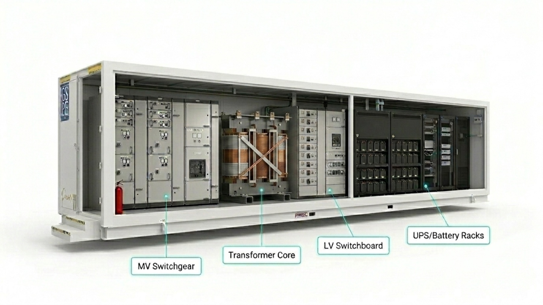 Cutaway of a PTU showing MV switchgear, transformer core, LV switchboard and UPS battery racks
